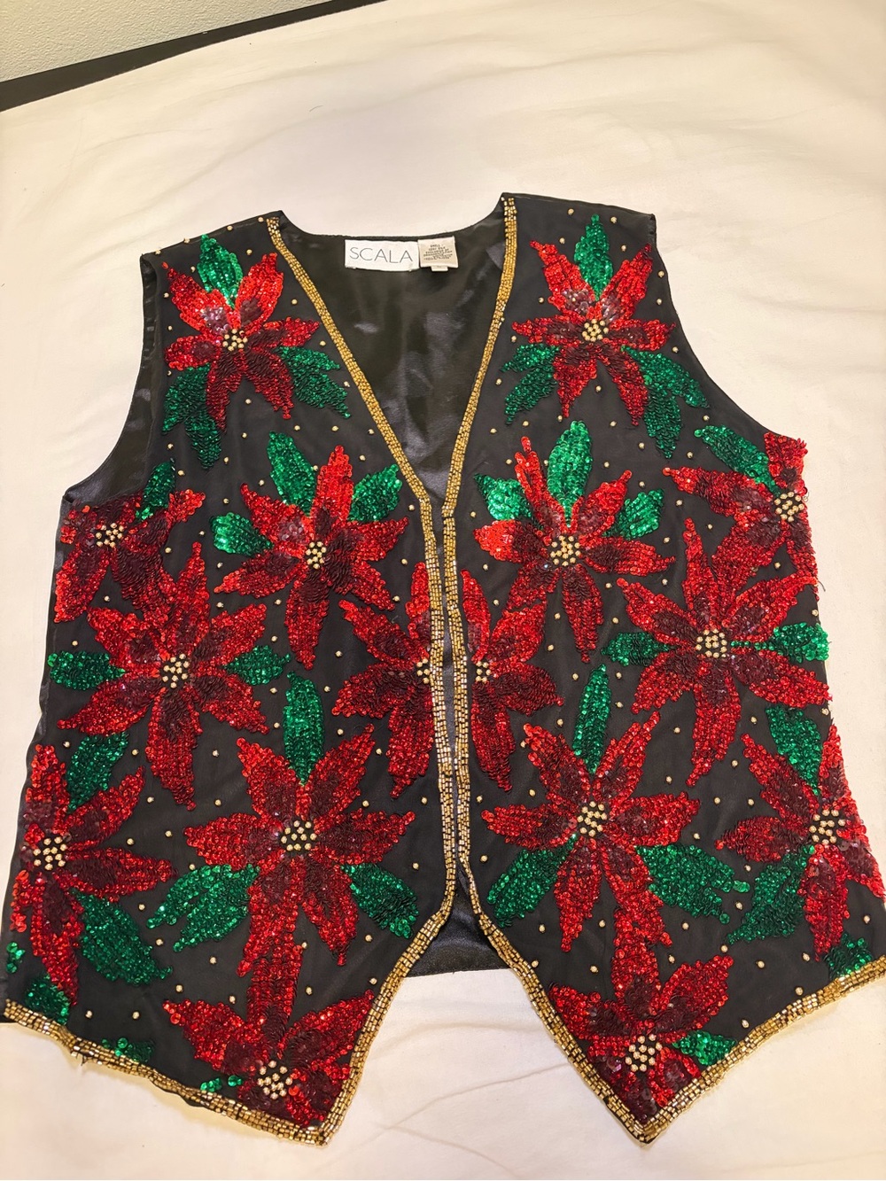 SCALA Black Sequin Vest with Red & Green Poinsettias